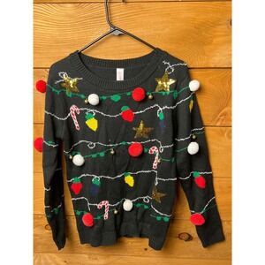 No Boundaries Ugly Christmas Sweater Lrg Black Pom Pom Lights Candy Cane Holiday
